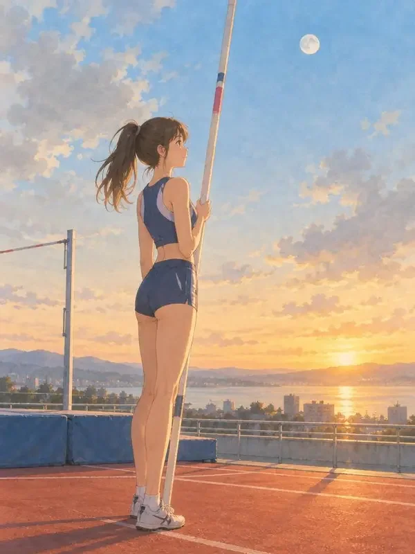 天空横杆 2049 主视觉插画，热血战斗作品，展现城市上空架起了横杆，跳过去的人能看到第二天的的温暖画面