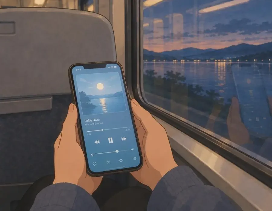 日本动漫电影 APP 在地铁中使用场景插画，月白屏幕与湖水蓝播放界面，浅灰座椅背景